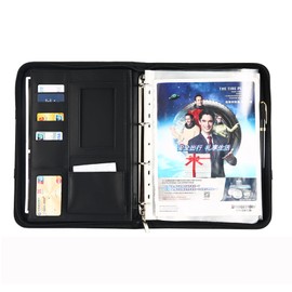 Portfolio Folder A4, Vegan Leather 4-Ring Conference Folder with Calculator & 10 Clear Sheet Protectors, Multi-Pocket Travel Document Holder A4 Clipboard Folder Organiser, Office Supplies - Black