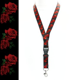 ROLSELEY Lanyard Neck Strap BLACK WITH ROSES Pattern With Metal Lobster Claw Clip And Safety Breakaway for ID and Passes for Everyday Use at Office, School, Events