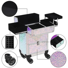 CHANNCASE Rolling Train Case With Drawer - Cosmetic Organizer and Makeup Traveling Trolley (Colorful With Silver)