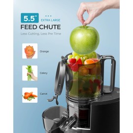 Cold Press Juicer, EUHOMY 5.5" Extra Large Feed Chute Slow Masticating Juicer, 250W Juicer Machines, 99.6% High Juice Yield, Easy to clean, Reverse Function, for Whole Vegetables & Fruits. Black