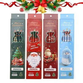 Comioke Christmas Pencils with Eraser, Christmas Pencils for Children, Wooden Pencils, Festival Theme Printed Pencils for Students, HB Pencils in Wooden Case with Eraser, 24 Pieces, 4 Colours