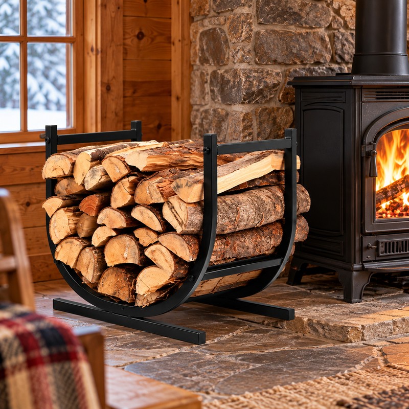 Firewood Log Holder for Indoor Fireplace Storage – Black Metal