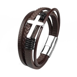 Jennoria Mens Brown Leather Bracelet Multi-Layer Braided Leather Cross Bracelet Religious Confirmation Gifts, Leather, no gemstone
