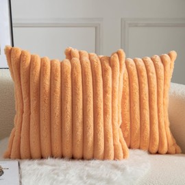 MANDIOO Pack of 2 Decorative Throw Pillow Covers Faux Fur Striped Plush Soft Cushion Covers Pillow Cases Bedroom Living Room Sofa Home 20x20 Inch Orange