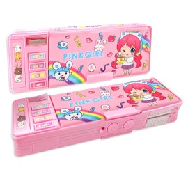 Ristpal Pop Up Multifunctional Pencil Case for Boys and Girls, Cute Cartoon Pattern Pencil Case with Pencil Sharpener, Whiteboard, Best Birthday Gift, pink, Plastic pencil box