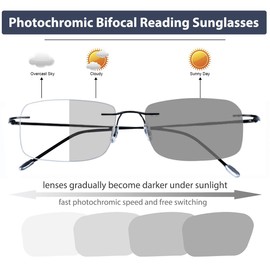 Photochromic Bifocal Reading Glasses, Blue Light Blocking Readers For Men And Women, Transition Rimless Sunglasses UV Protection Flexible Lightweight Glare Free Readers for Driving and Fishing