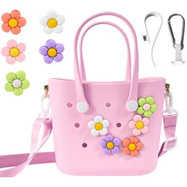 zimois Mini Rubber Tote Bag,With 7 Accessories X-Small Rubber Beach Bag, For Little Girls And Woman,With Strap,Pink