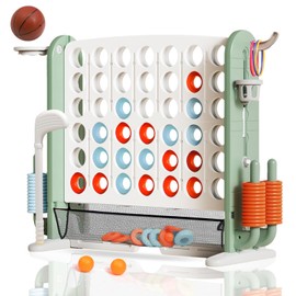 Giant 4-in-A-Row Connect Game Set, Adjustable Height Jumbo Yard Game with Golf, Basketball Hoop, Ring Toss & Mesh Pocket, Indoor & Outdoor Yard Connect Game for Kids Adults Family