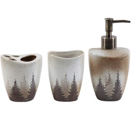 HiEnd Accents Clearwater Pines Rustic Lodge 3-PC Bathroom Countertop Accessory Set, One Size, Cream & Brown