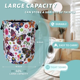 Colorful Butterfly Laundry Basket With Handles Oxford Cloth Tote Bag Floral Laundry Hamper 18.9"x16.5" Foldable Clothes Storage Bucket Toy Organizer For Bathroom/Laundry/Bedroom