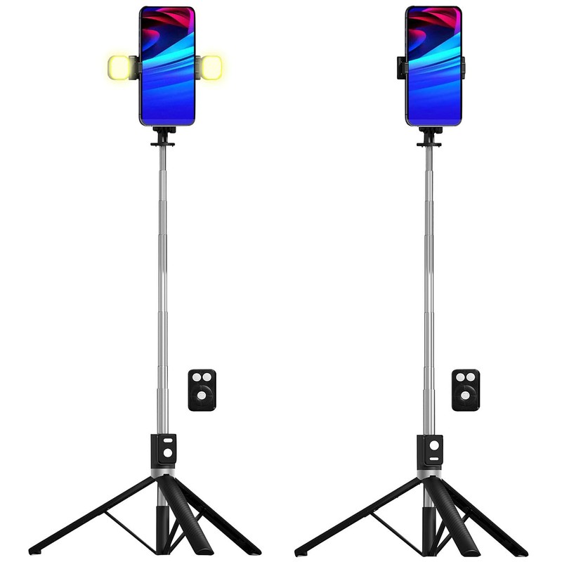 Somikon Smartphone-Selfiestick: 2er-Set Smartphone-Selfie-Stativ, 2 LED-Lichter, mit BT-Fernauslöser (Selfie Stick