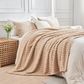 Wajade Fleece Throw Blanket, Fluffy Faux Fur Blanket for Bed Sofa Couch, Soft Warm Thick Blanket,waffle Linen-127X178