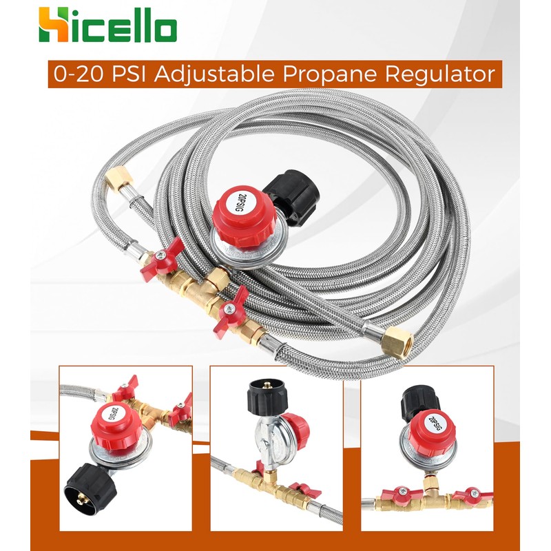 0-20 PSI Adjustable Propane Regulator with Hose, 8FT Y Splitter