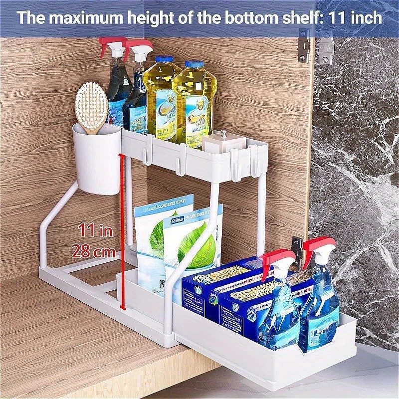 OrganiMax Kitchen Sink Organizer Rack – Sliding Multi-Tier Shelves for Easy Access, Bathroom and Kitchen Storage