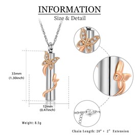 QGJNSGC Butterfly Ash Necklace for Women Men Cylinder Cremation Jewellery for Ashes for Loved Ones Memorial Ash Pendant, Stainless Steel