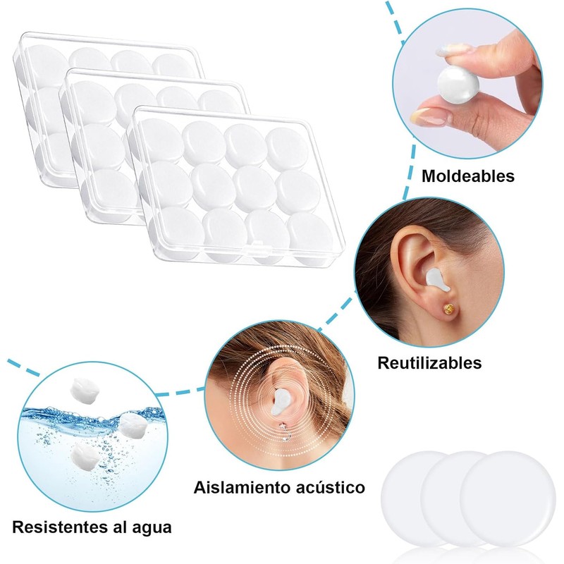 36Pzs Tapones de Oídos para Dormir Silicona, Moldeable, Impermeable