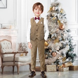 Yilaku Boy Vest Striped Suit Kids Toddler Festival Tuxedo Suit Gentleman Shirt Clothing Sets 3-7 Years, White + khaki