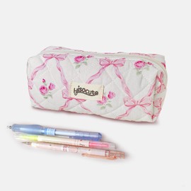 SGWQBDN Coquette Bow Pencil Pouch, Cute Aesthetic Floral Pencil Case, Soft Quilted Pen Bag for Women Office (Pink)