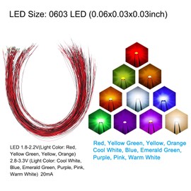 PATIKIL 0603 Pre-Wired Micro LED Set, 100 Pcs Pre-soldered Mini Light Emitting Diodes Surface Mount Device for Model Building, DIY, Science Projects, 9.8" Length, 10 Colors
