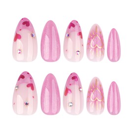 FNKFNK Pink Press on Nails Medium Almond Fake Nails with Rhinestones Design Pink Glitter French Tip False Nails Glossy Reusable Cute Heart Stick on Nails for Women Nail Decor 24Pcs