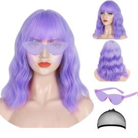 Pastel Purple Wig and Sunglasses Set - 15 Inch Wavy Wig With Bangs - Heat Resistant Bob Wig - Short Curly Wavy Wig - Shoulder Length Wigs for Women - Bachelorette Party Costume Cosplay Wigs