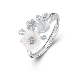 LGSY Sterling Silver Daisy Flower CZ Leaf Pearl Ring Mounting for Women, Adjustable Pearl Ring Fittings Accessories for Pearl Jewelry Making