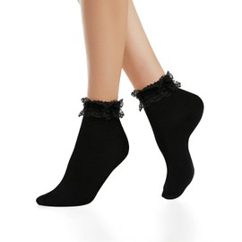 Benefeet Sox Womens Ankle Socks Girls Cute Lace Ruffle Anklet Socks Kawaii Frilly Princess Dress Sock Casual Low Cut Cotton Sock with Ruffle, Black