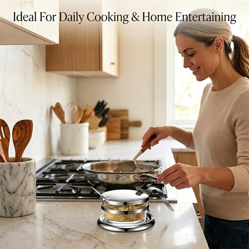 Stainless Steel Salt Cellar with Spoon & Lid, Heavy Duty