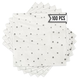 White and Silver Cocktail Napkins – Set of 100 Disposable Party Napkins, Paper Star Confetti Design, Perfect for Weddings and Events