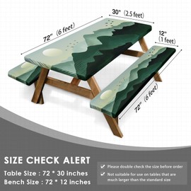 Nesphy Mountain Gold Green Picnic Table Cover with Bench Covers, Abstract Line Arts Birds Tree Outdoor Camping Essentials 6FT 3PCS Fitted Rectangle RV Must Haves Tablecloth with Drawstring Bag
