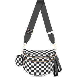 Checkered Crossbody Bag with Removable Wallets,Nylon Bum Bags,Spacious Sling Bag Purse Fanny Packs with Shoulder Strap (Black-White)
