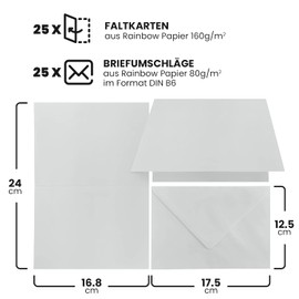 Netuno 25 Blank Cards with Envelopes DIN B6 Cards Rainbow Grey + 25 Grey Envelopes Folding Cards and Envelopes B6 Paper Cards Blank and Envelopes Coloured Card Blanks with Envelope
