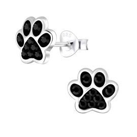 Paw Print Earrings 925 Sterling Silver with Black Crystal Stones