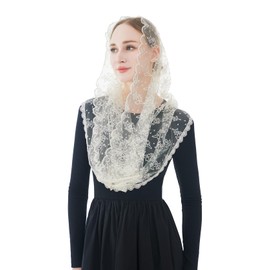 Wgior Embroidered Lace Chapel Veil Infinity Mantilla Veils Catholic Church veil Latin Mass Head Covering Scarf (Ivory)