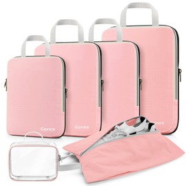 Gonex Compression Packing Cubes, Expandable Storage Travel Luggage Bags Organizers with Shoe Bag, Clear Toiletry Bag (Pink)