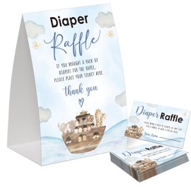 Noah's Ark Diaper Raffle for Baby Shower, Pack of One 5x7 Sign and 50 Diaper Raffle Tickets, Boho Animals Baby Shower Decoration, Gender Neutral Party Supplies - NB09