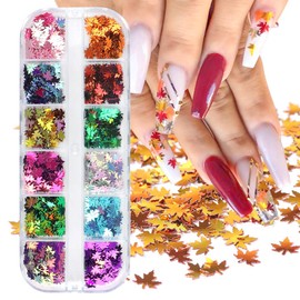 12 colour maple leaf glitter nails sequins – 3D autumn leaf nail glitter sequins, leaves nail stickers, gold flakes stickers for DIY nail design.