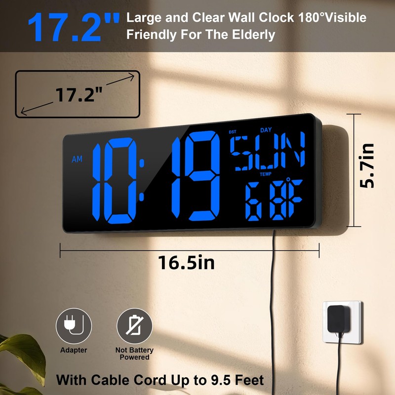 Large Digital Wall Clock with Remote Control 17.2" LED Large