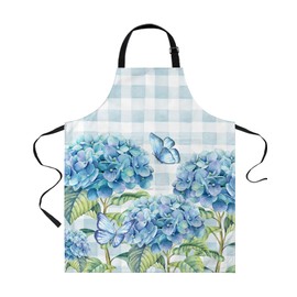 Blue Hydrangea Bib Aprons for Women With Pockets,Waterproof Canvas Chef Kitchen Cooking Apron for Painting/Nail Technician/Kids Arts/Crafts/Dishwashing Spring Summer Flower Butter-fly Buffalo Plaid