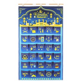 HOWAF Ramadan Calendar for Filling 2024, Ramadan Advent Calendar as a Fabric Wall Calendar, Reusable Ramazan Calendar for Hanging, Fabric Bag, Eid Mubarak, Ramadan Mubarak Decoration, Blue, 10 cm