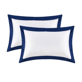 Ranznaz White Pillow Shams Standard Size Set of 2, 100% Cotton Hotel Luxury Decorative Pillow Sham with Navy Border, Sateen Weave Soft Smooth Breathable Elegant Pillowcases for Bedding, 20x26 Inches