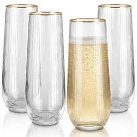 Royalrose Premium Ribbed 10 Oz Gold Rim Glasses (Stemless Champagne Flutes)