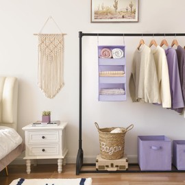 GRANNY SAYS 3 Shelf Hanging Storage Organiser, Pack of 1 Short Hanging Wardrobe Storage Organiser, Foldable Hanging Shelves for Clothes, Fabric Wardrobe Hanging Storage Organiser for Closet, Purple