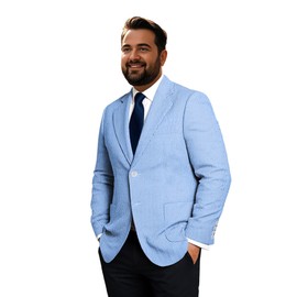 Apornipal Men's Big & Tall Striped Seersucker Blazer Casual Lightweight Suit Jacket Summer Beach Wedding Daily Wear Blue,56R