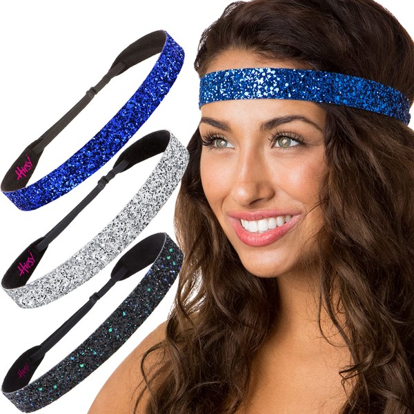 Hipsy Adjustable No Slip Wide Bling Glitter Headband 3-packs for Women Girls & Teens (Peacock/Silver/Royal Blue)
