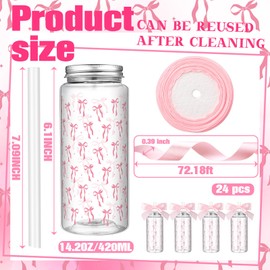 Singhoow 24 Pcs Coquette Bow Aesthetic Cup Pink Bow Plastic Tumbler with Lids and Straws 14 oz Reusable Cute Bow Plastic Cups with Ribbon Bow for Women Birthday Bridal Shower Wedding Party Supplies