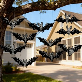 10PCS Halloween Hanging Bats Decorations, 3D Plastic Flying Bat Large Flying Bats with Skeleton for Indoor Outdoor Decor, Stick on Realistic Flying Bats