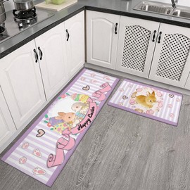 Qeenking Cute Easter Rabbit Farmhouse Kitchen Rugs Sets of 2, Purple Bunny Washable Anti Fatigue Runner Mats for Floor, Non Slip Holiday Decor Mat for Sink, Laundry, Office 17"x 47"+17"x 30"