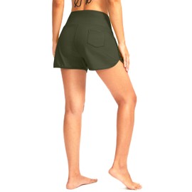 G Gradual Women's 3" High Waisted Swim Board Shorts with Pockets Quick Dry Swimsuit Bottoms Bathing Suit for Women with Liner(Olive,L)