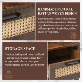 LETESA Rattan Nightstands Set of 2, with Rattan Decor Drawer and Open Shelf, Bed Side Tables with Solid Wood Feet, End Table, Night Stands, for Bedroom, Living Room (2, Rustic Brown-Square)